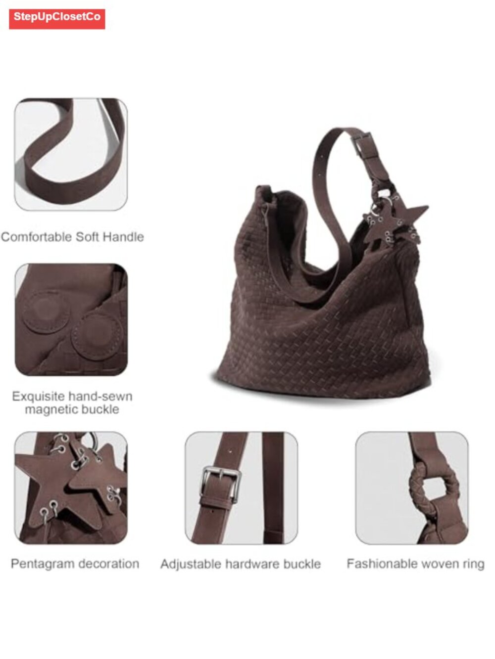 Vegan Frosted Slouchy Hobo Bag, Top Handle Shoulder Satchel, Crossbody Tote for - Picture 5 of 6